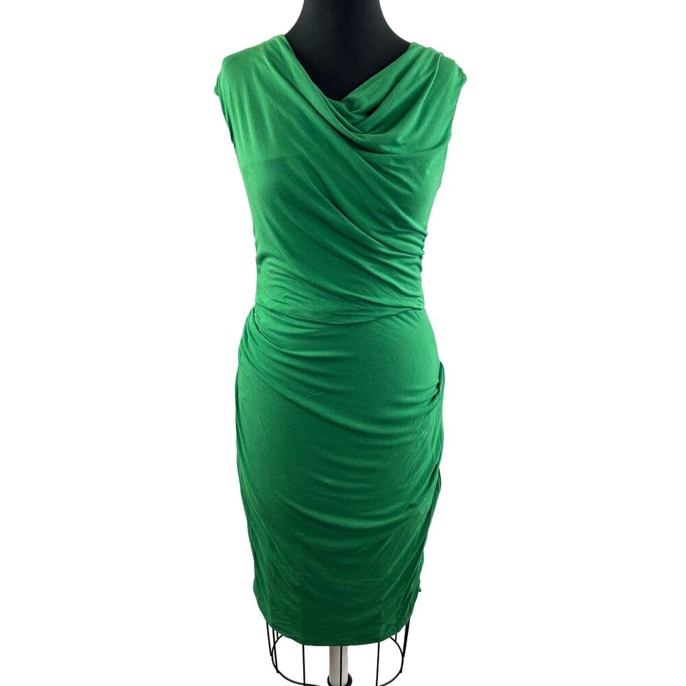 ANTHROPOLOGIE BORDEAUX Green Cap Sleeve Ruched Cowl Neck Bodycon Dress Sz S